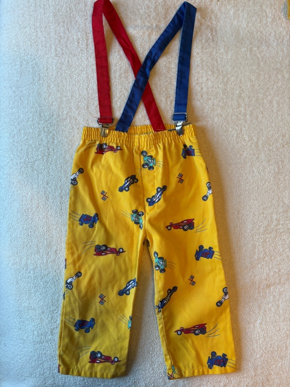 Vintage Race Car Print Pants w Suspenders, Yellow. Sz 24 Months